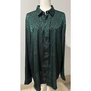 Zeroyaa green black print long sleeve button front blouse XL